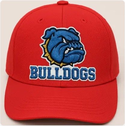Blue bulldog embroidered on a red sports team cap